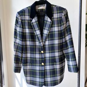 VALERIE STEVENS PETITES Women's Vintage Blue/Green Plaid Wool Blazer sz LP/XLP